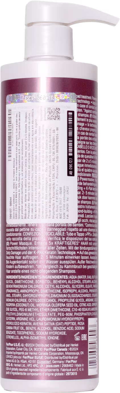 Verso da embalagem da máscara Joico Defy Damage KBOND20 Power Masque com instruções de uso, ingredientes e outras informações gerais do produto