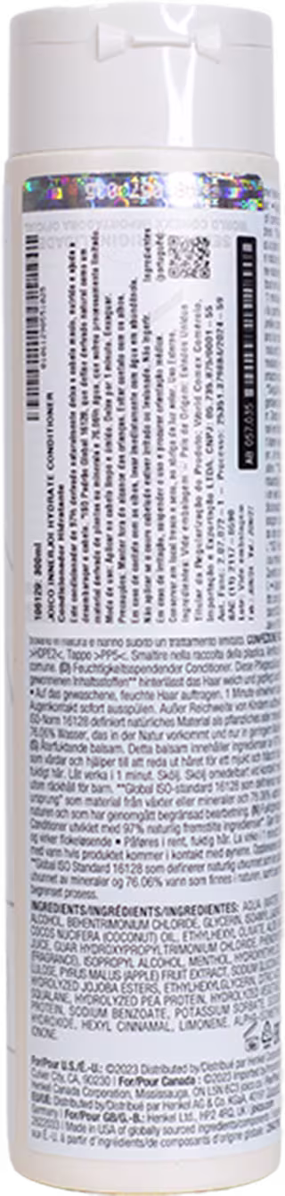A imagem mostra a parte de trás da embalagem do Condicionador Joico InnerJoi Hydrate (300ml), destacando o rótulo com os benefícios, ingredientes e modo de usar.