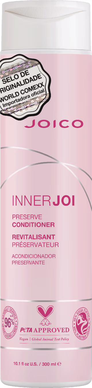 A imagem mostra o Condicionador Joico InnerJoi Preserve (300ml)  com embalagem em tom de rosa e detalhes em branco e prata.