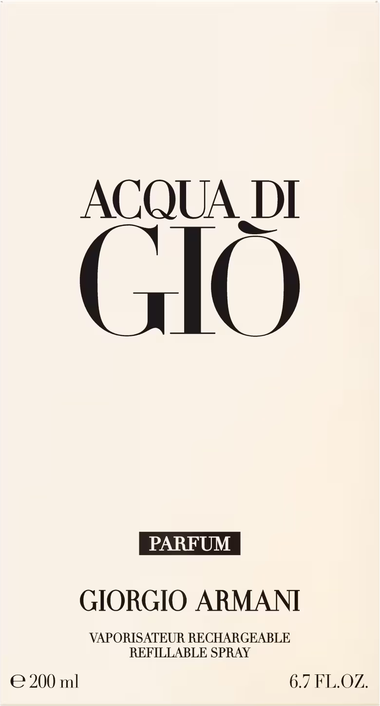 A imagem mostra a caixa do produto Acqua Di Gio Giorgio Armani Parfum. A caixa é retangular, bege com letras pretas.
