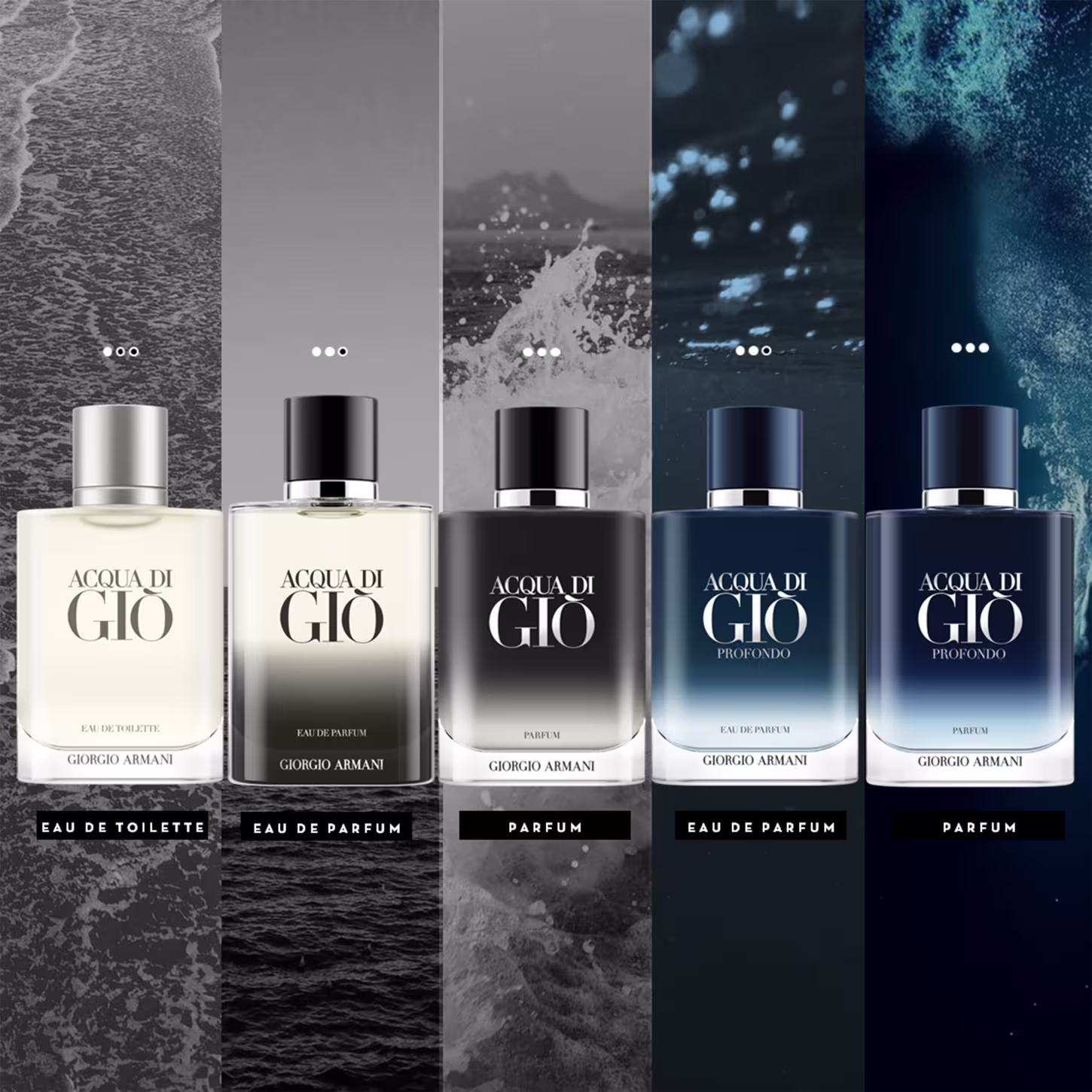 A imagem mostra todas as fragrâncias de Acqua Di Gio Giorgio Armani. Mostrando do Eau de Toilette ao Acqua Di Gio Profondo Parfum.
