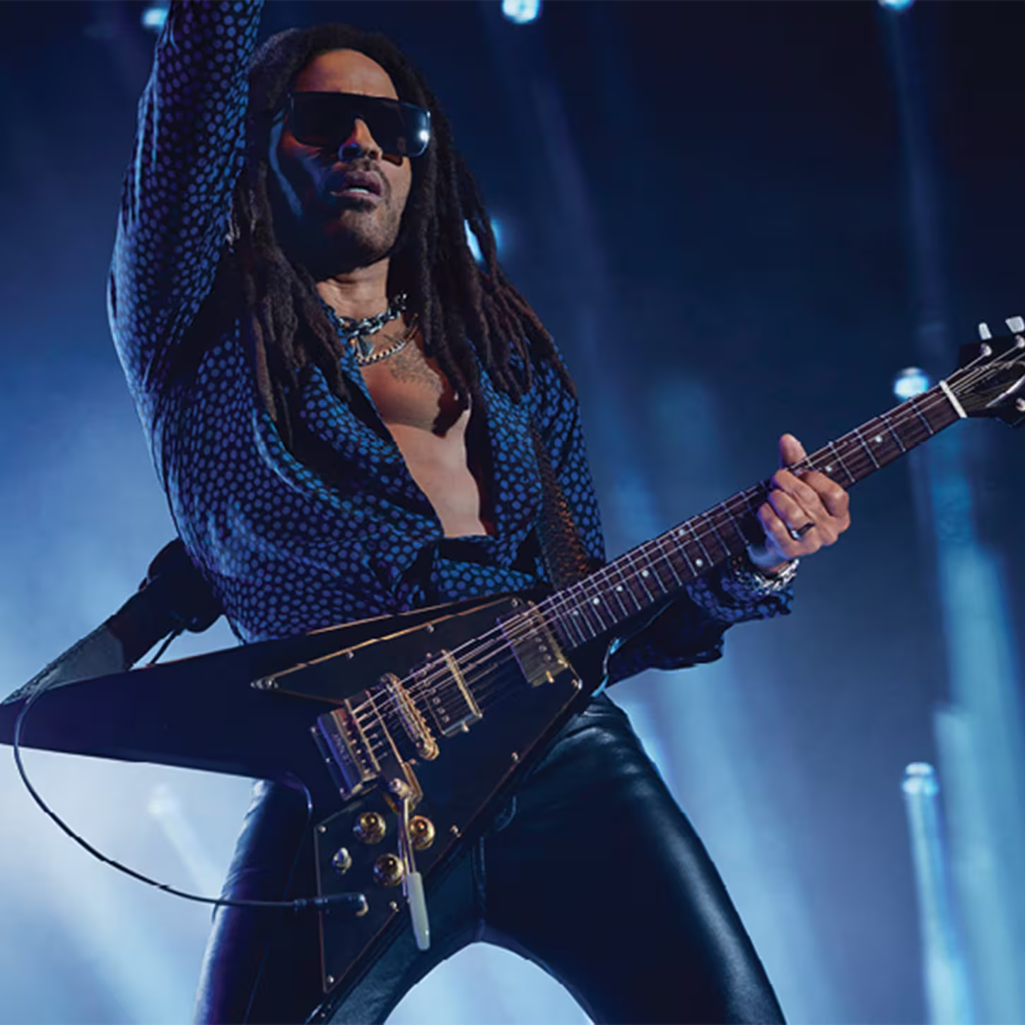 A imagem mostra o astro do rock Lenny Kravitz, garoto propaganda do perfume, tocando sua guitarra. A imagem tem a cor predominante de azul escuro em todos seus elementos.