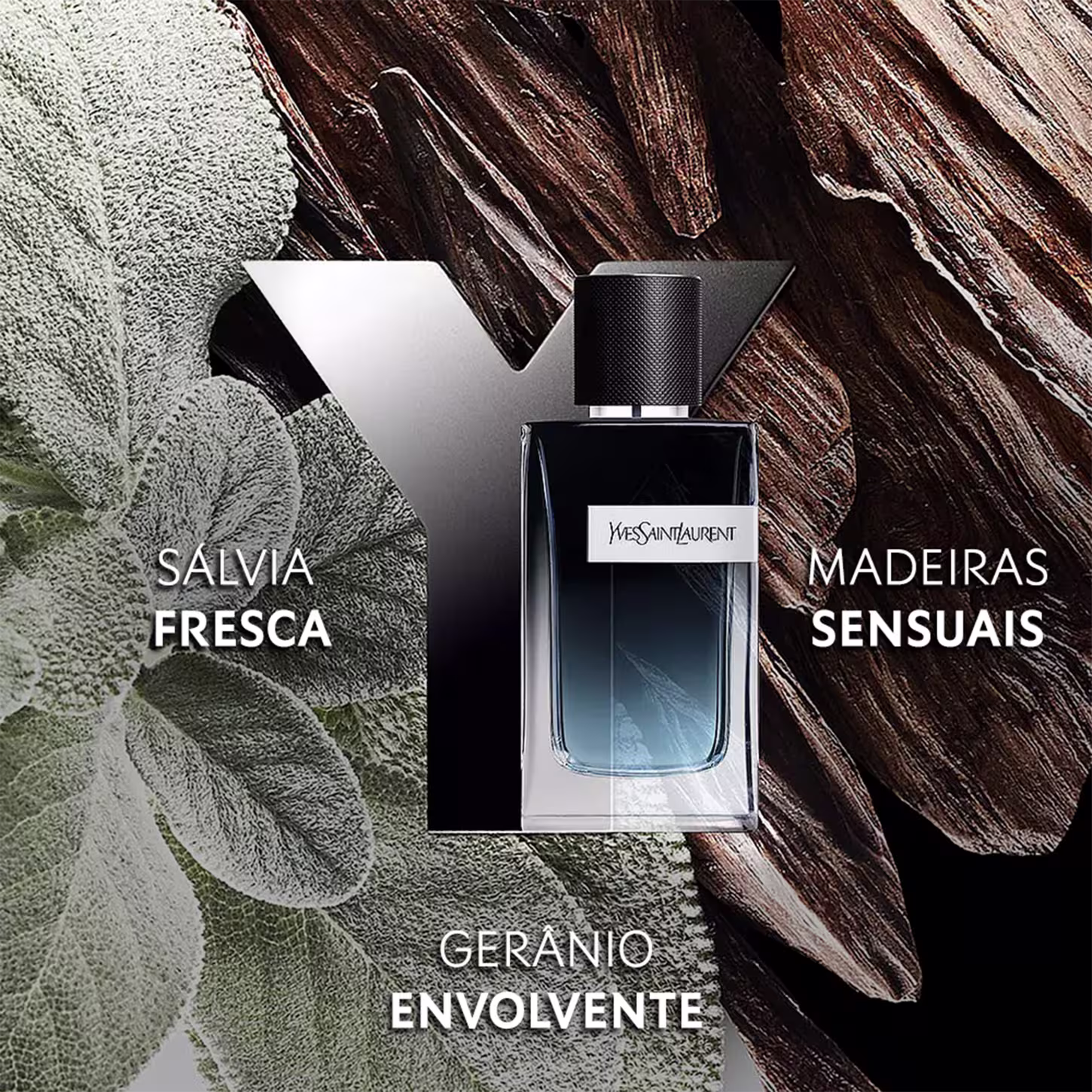 A imagem mostra o frasco do perfume Y e ao redor tem os elementos que compõe sua pirâmide olfativa, como as folhas de Gerânio, Sálvia e as Madeiras Sensuais.