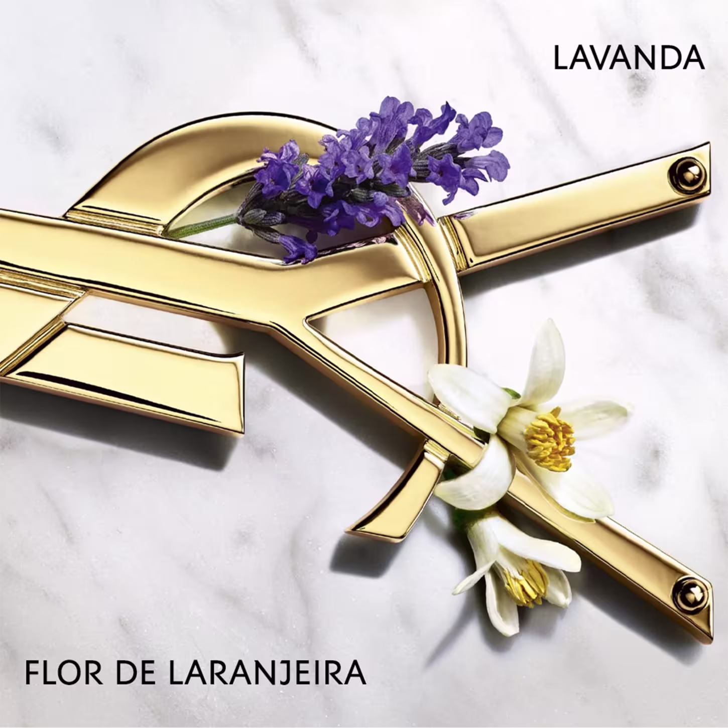 A imagem mostra o monograma da marca e flores de lavanda e laranjeira envolvendo-o.