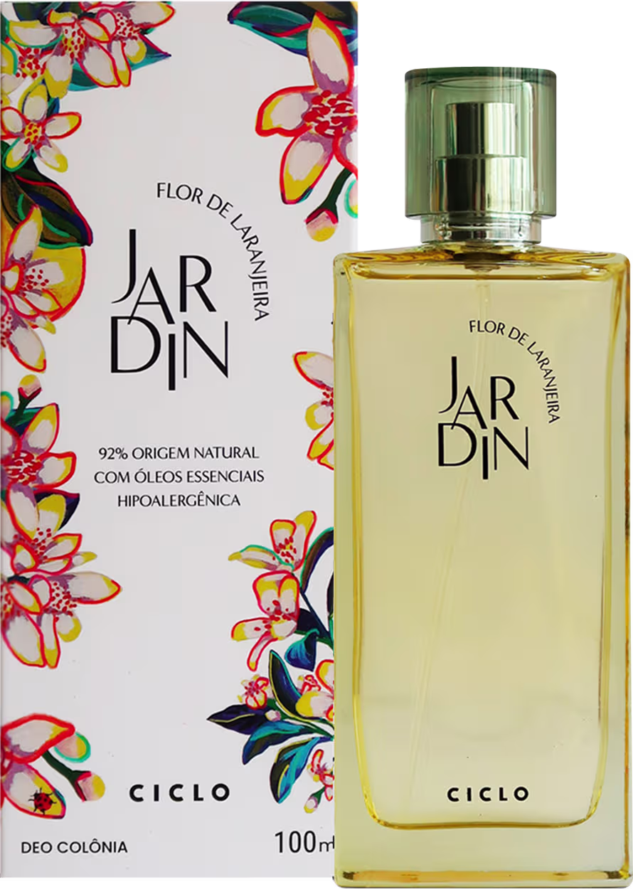 Frasco do perfume ao lado da caixa da embalagem, cujo design é na cor branca com estampa floral colorida e vibrante em tons de vermelho, laranja, amarelo e verde.