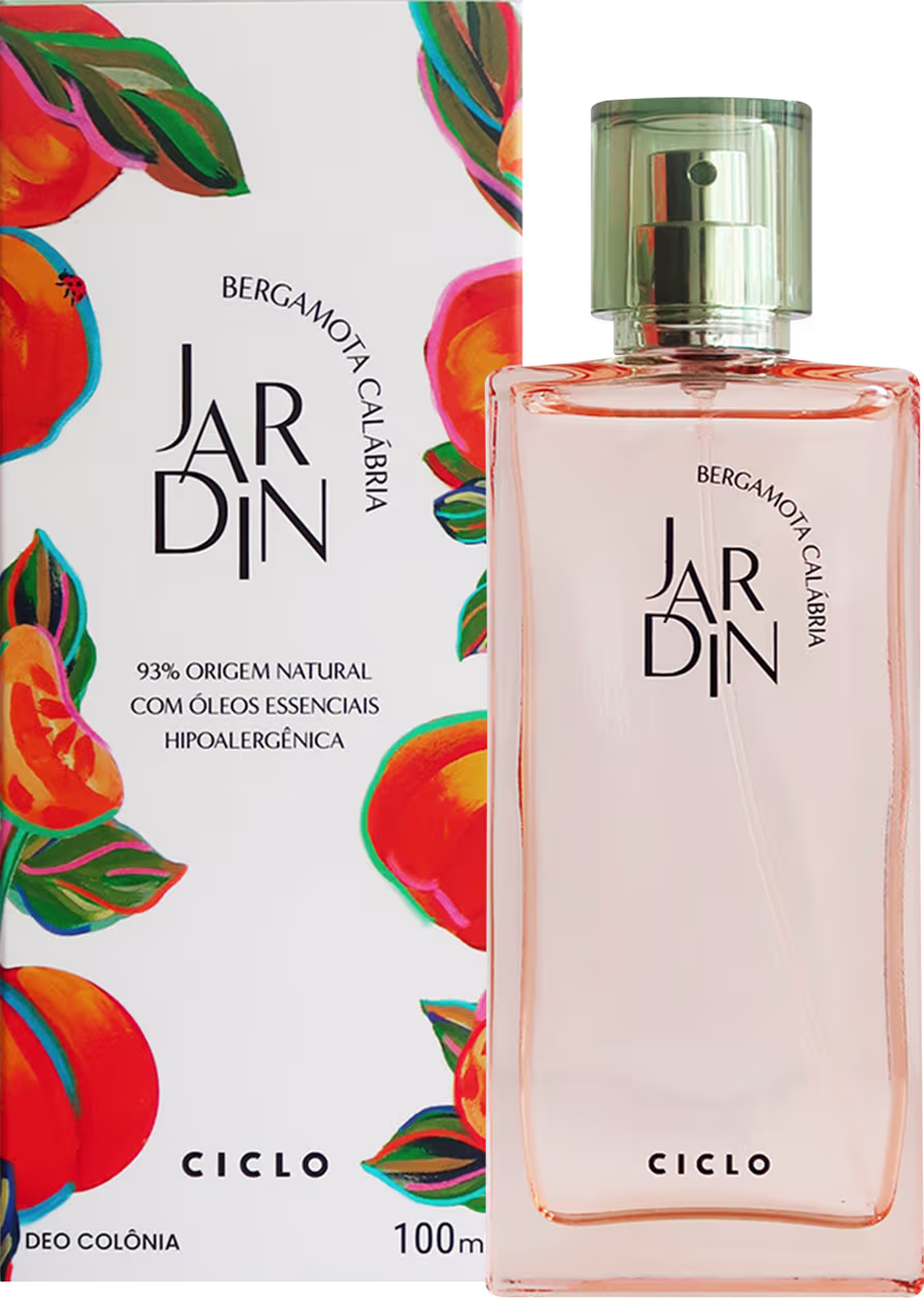 Frasco do perfume ao lado da caixa da embalagem, cujo design é na cor branca com estampa frutal colorida e vibrante em tons de vermelho, laranja, verde e azul.