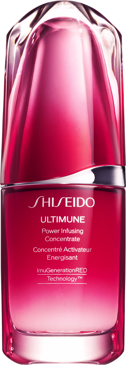 Sérum Facial Shiseido Ultimune Power Infusing Concentrate. O frasco vermelho conta com formato cilíndrico e design elegante.