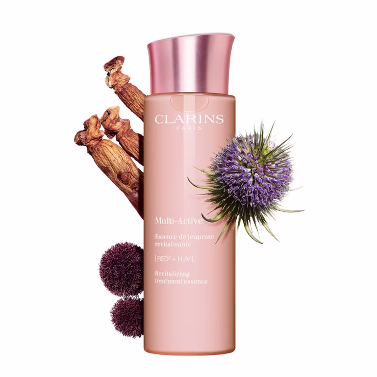 A imagem mostra um frasco rosa transparente com tampa rosê e algumas flores e raízes que remetem a composição do produto.