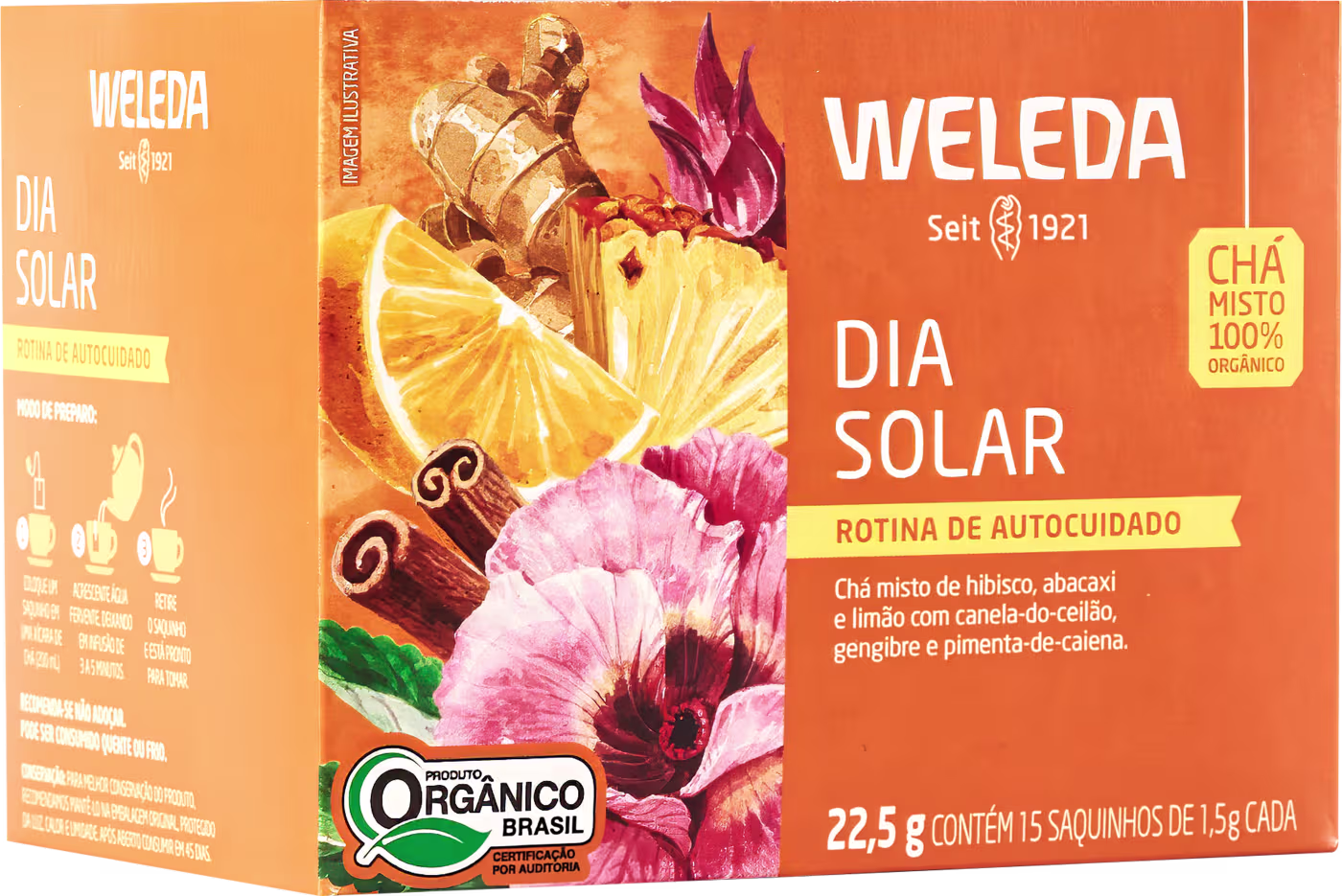 A imagem mostra a embalagem do chá em uma caixa retangular laranja com imagens de frutas cítricas, especiarias e flores. Texto em português descrevendo os ingredientes.