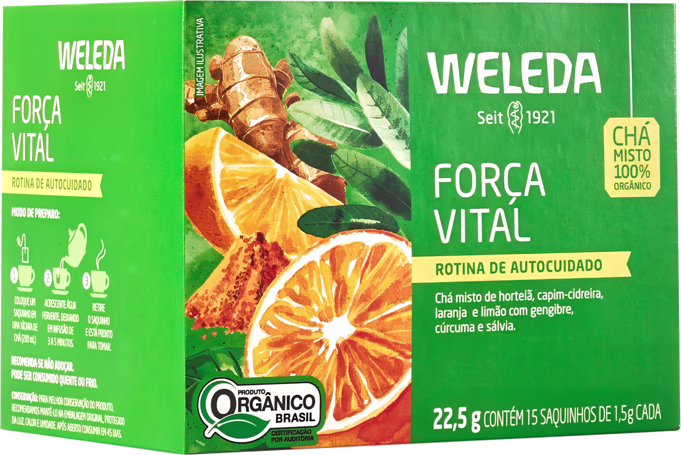 A imagem mostra o chá misto embalado em caixa verde com imagens de gengibre, laranja e folhas. A caixa tem o nome "Força Vital" em letras brancas.