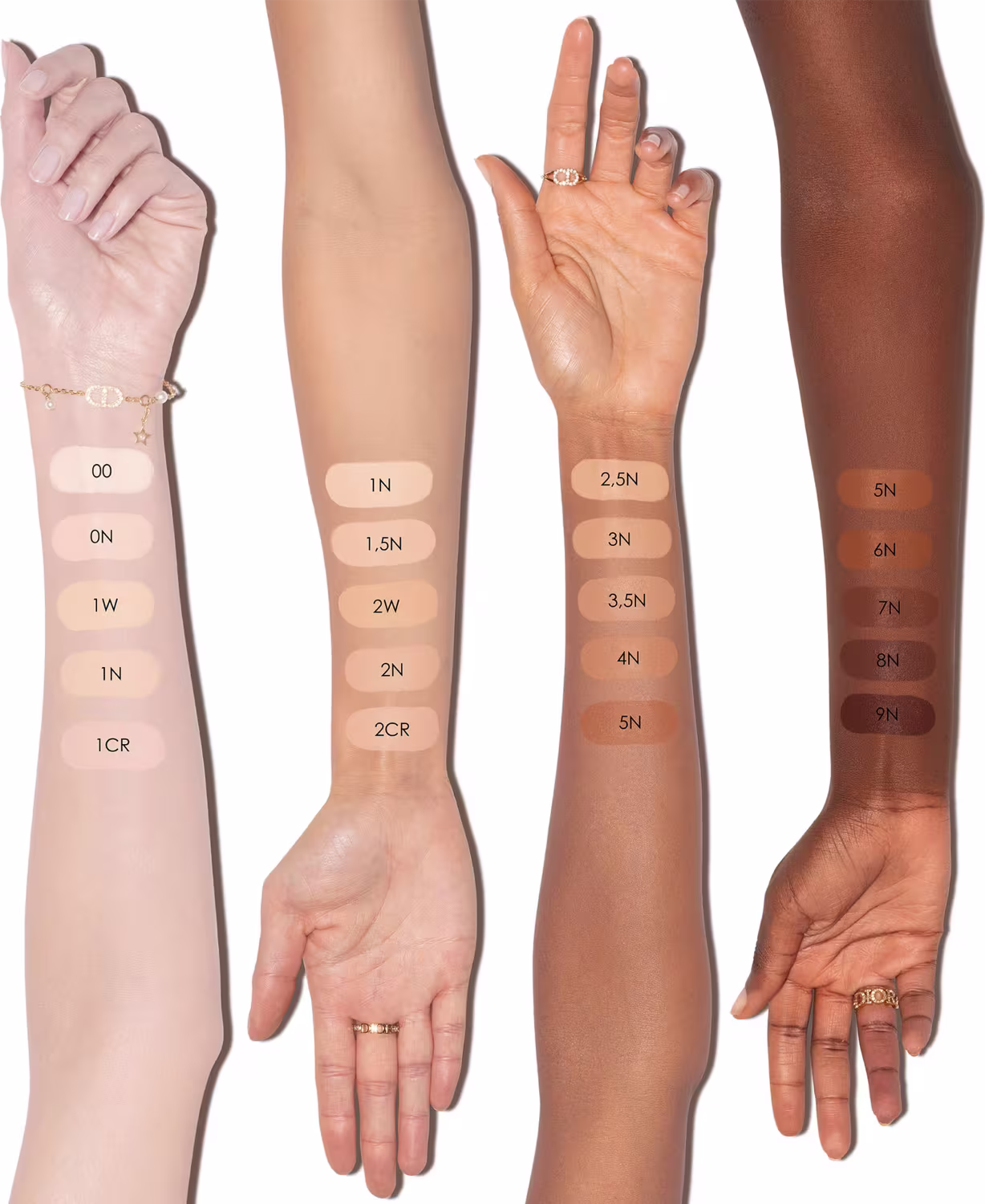 Esta é uma amostra de cores da base em 4 braços com tons de pele diferentes.