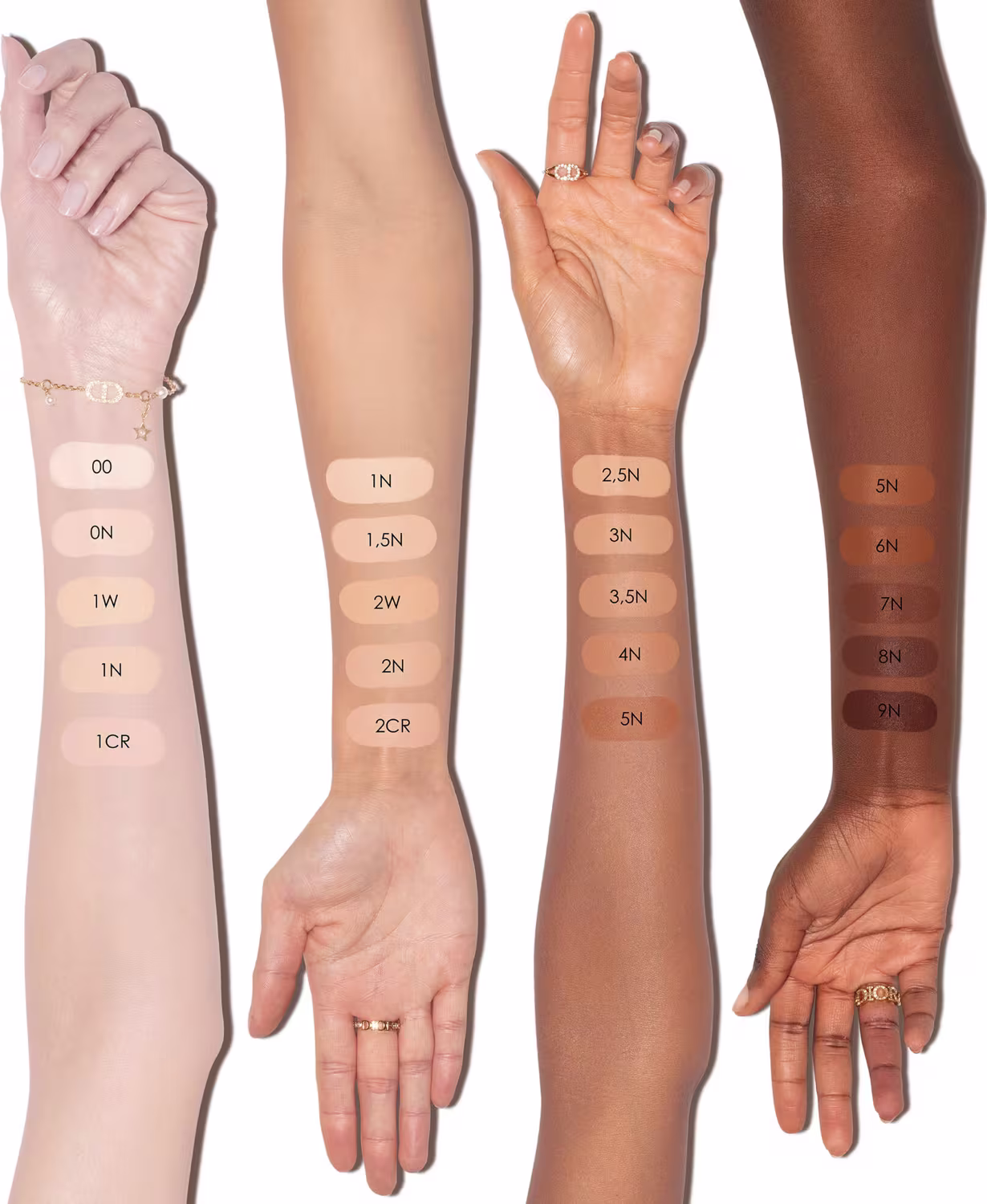 Esta é uma amostra de cores da base em 4 braços com tons de pele diferentes.