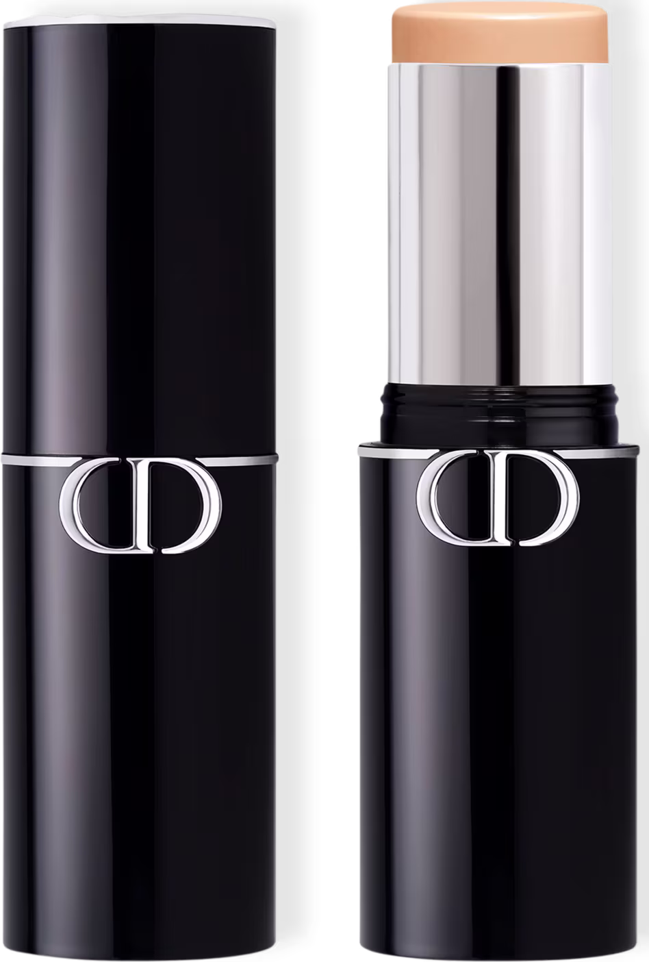 Base em bastão da marca Dior com formato cilíndrico na cor preta e detalhes prateados. Apresenta um design elegante e minimalista, típico dos produtos de luxo da marca.