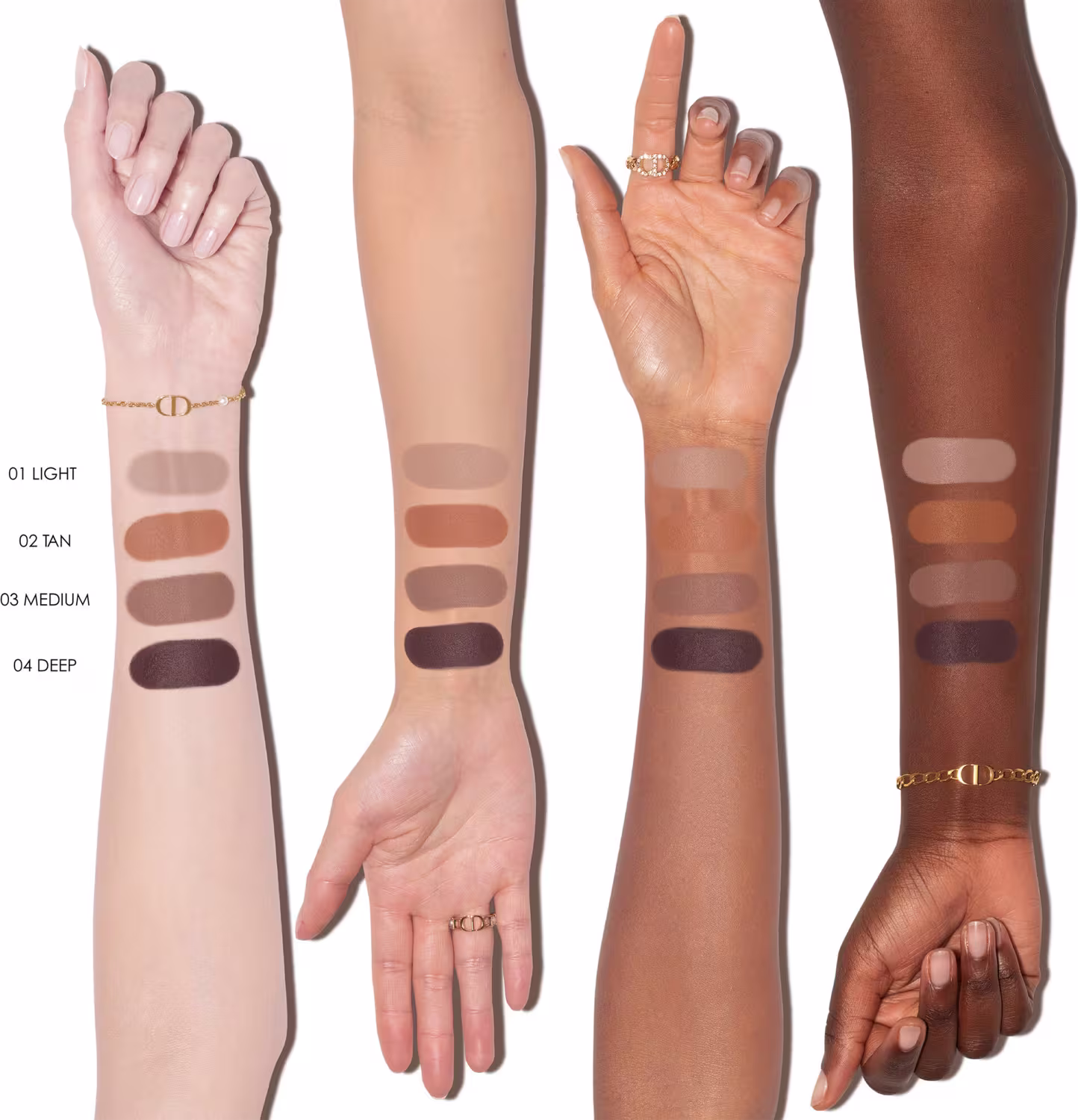 Os tons do corretivo estão identificados com um número, de 01 a 04, indicando os diferentes níveis de tonalidade. O produto é apresentado em uma imagem com braços e mãos, mostrando a aplicação em diferentes tons de pele.