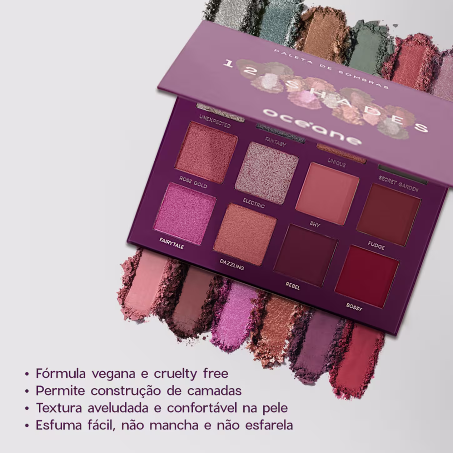 A imagem mostra a paleta aberta e na parte inferior informações sobre os benefícios como: vegana, cruelty-free, construção de camadas, textura aveludada e esfuma fácil. Ao lado da paleta, há amostras das cores em pó espalhadas, permitindo visualizar.
