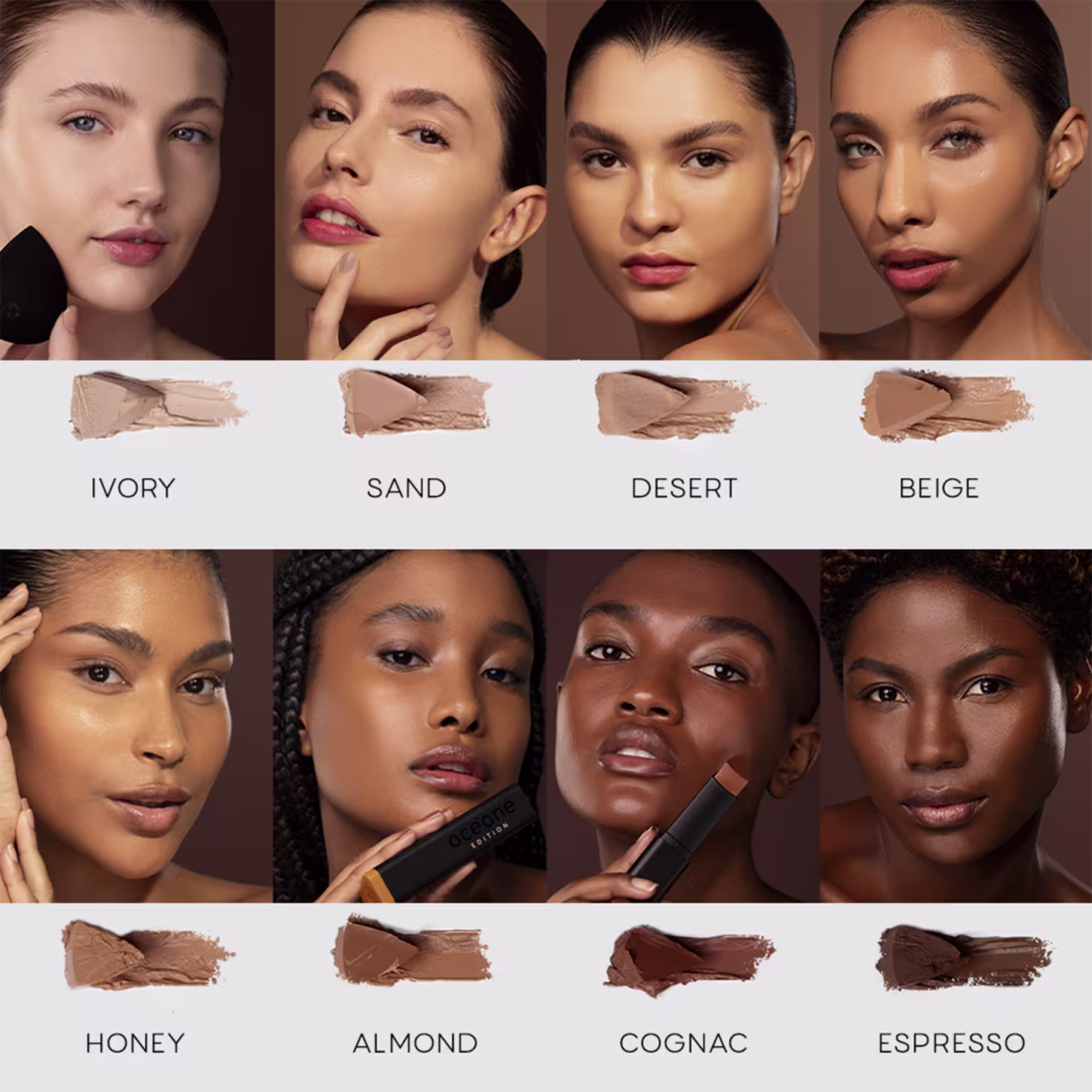 A imagem apresenta os 8 tons da Base Océane Edition Foundation Stick, com os nomes "Ivory", "Sand", "Desert", "Beige", "Honey", "Almond", "Cognac" e "Espresso". É exibida uma amostra da cor e modelos com a pele correspondente à tonalidade.