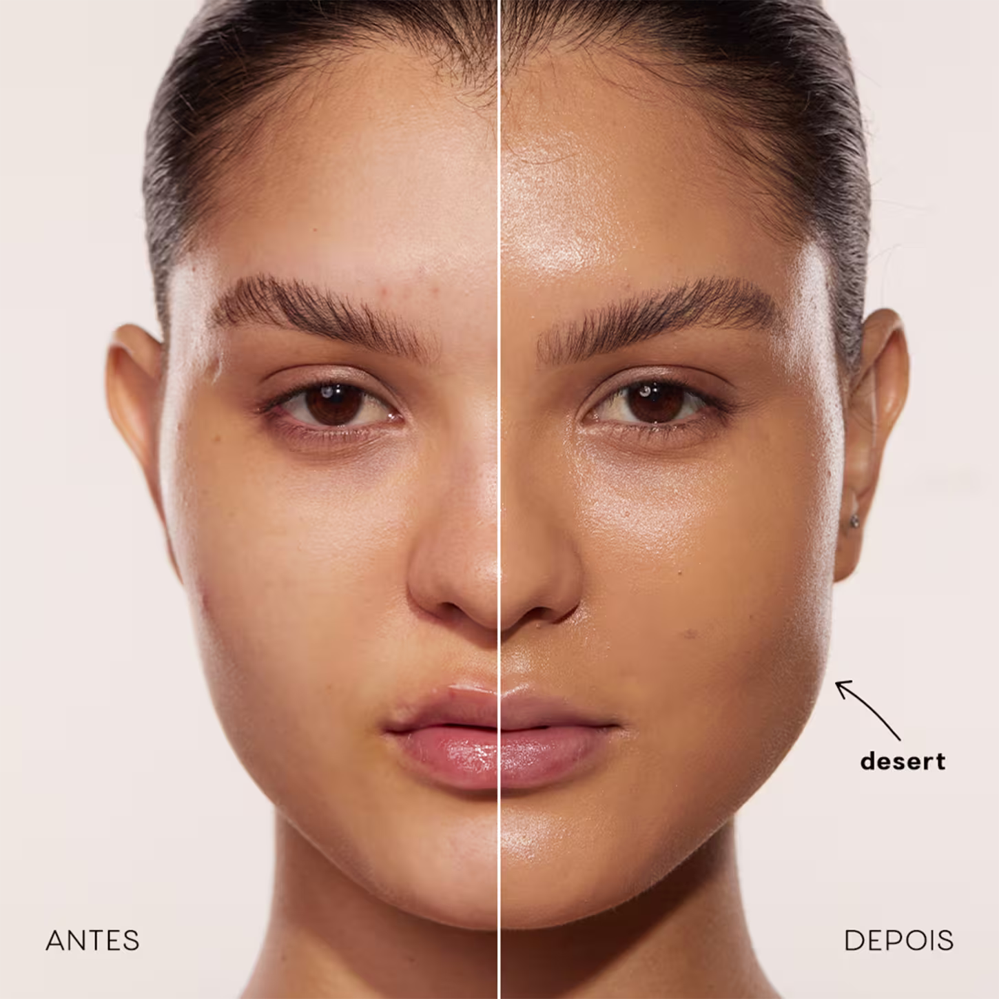 A imagem compara antes e depois do uso da Base Océane Edition Foundation Stick na cor Desert  À esquerda, a imagem Antes, mostra uma pele com algumas imperfeições. À direita, o Depois exibe a mesma pele com uma aparência mais uniforme, resultado da base.