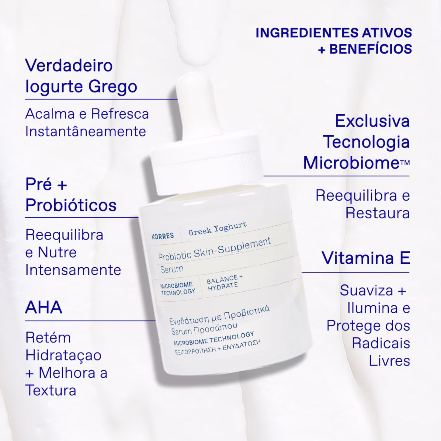 A imagem mostra o sérum no centro e ao lado estão descritos os ingredientes e benefícios do produto.