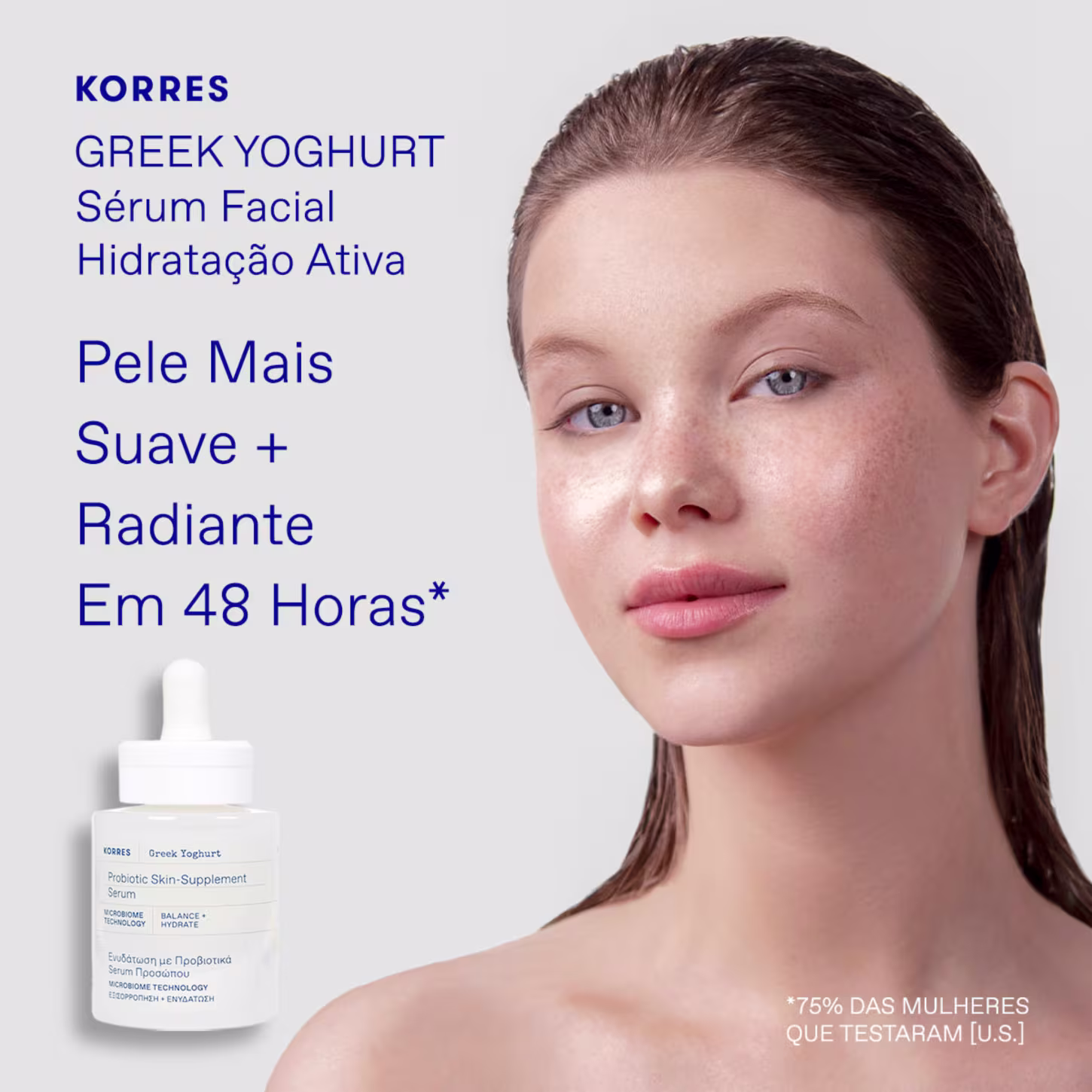 A imagem mostra uma mulher com rosto luminoso e ao lado a embalagem do sérum e algumas informações em tom azul.
