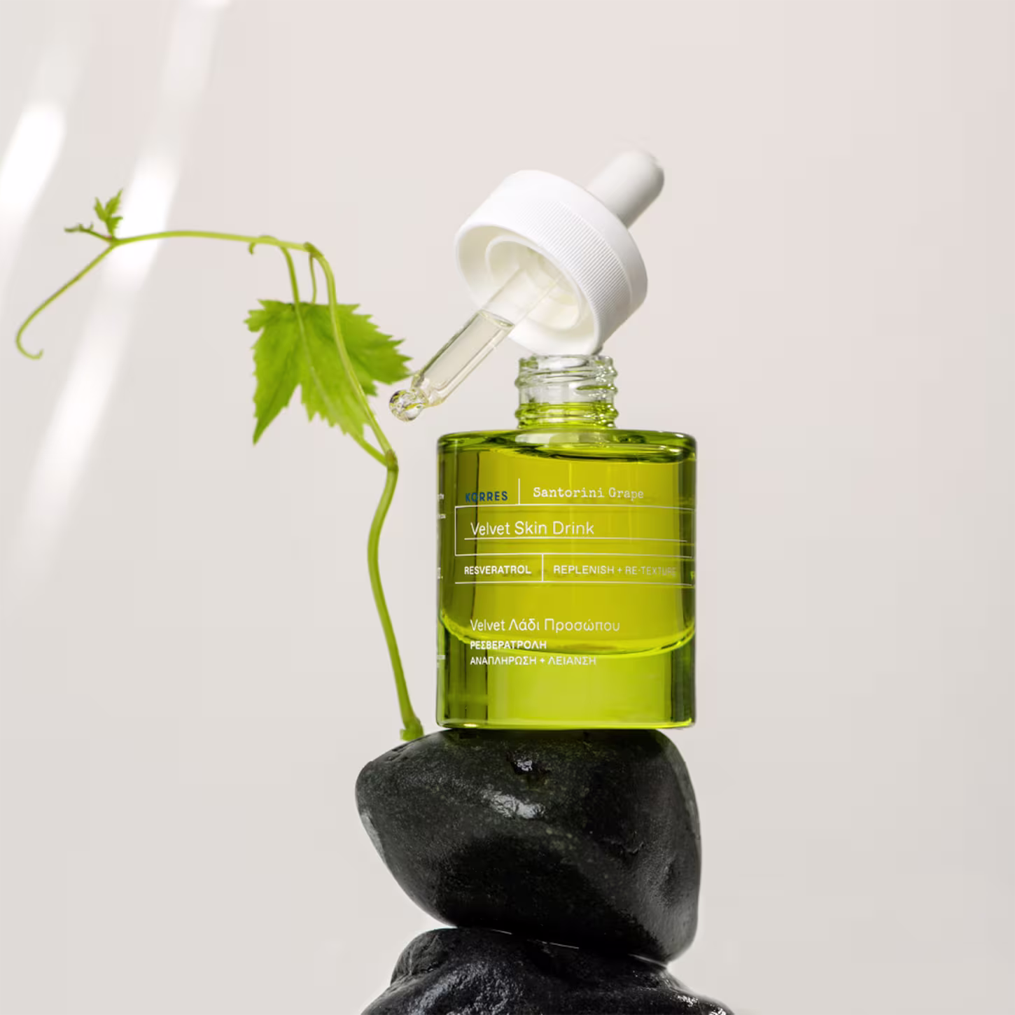 A imagem mostra o produto sobre uma pedra preta e um galho com uma pequena folha compondo a imagem.