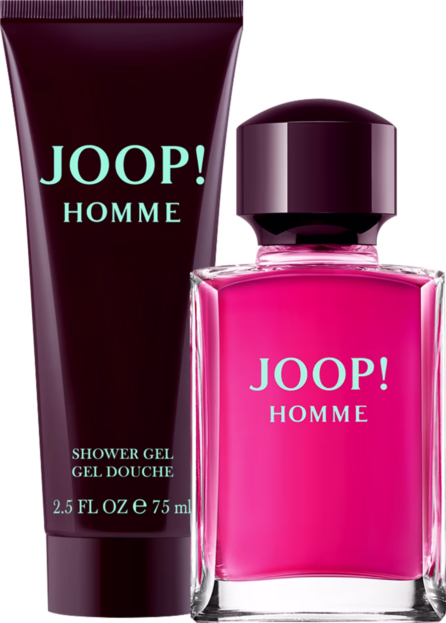 A imagem mostra um kit com perfume, frasco rosa e uma embalagem de shower gel marrom.