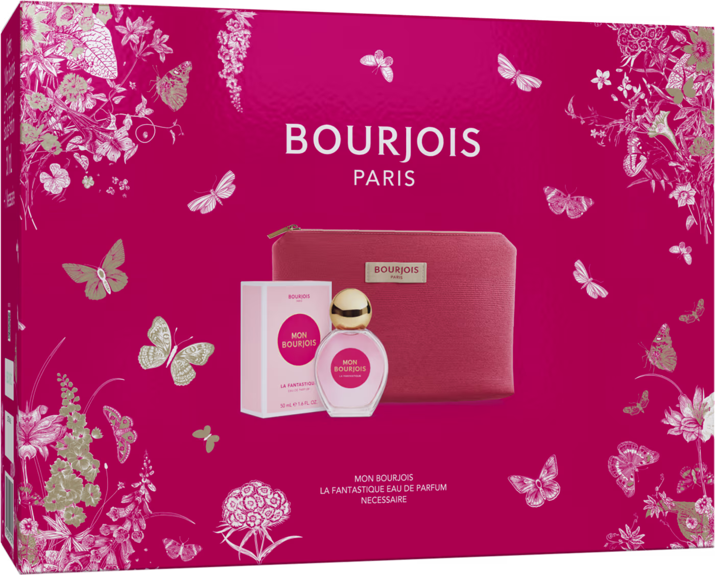 A embalagem principal é uma caixa retangular de cor rosa vibrante, decorada com padrões florais e borboletas em tons claros. No centro, há uma imagem do frasco de perfume "Mon Bourjois" em rosa e dourado, acompanhado de uma necessaire na mesma cor.
