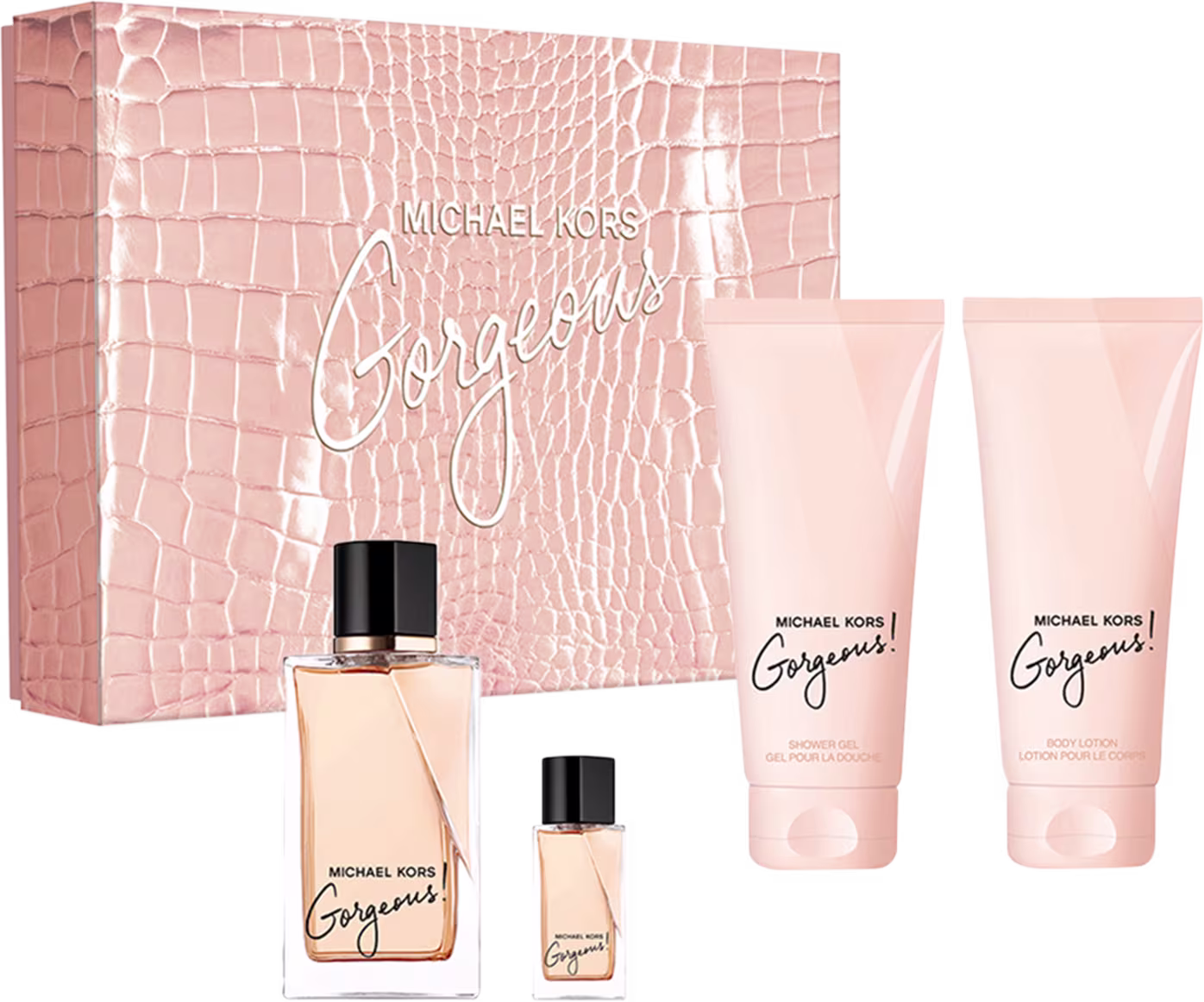 Frasco de perfume grande em vidro transparente com líquido bege; um frasco igual, mas menor; tubo de loção corporal e tubo de gel de banho em tons de rosa. E uma caixa retangular rosa com textura de couro crocodilo e o nome "Gorgeous" em letras cursivas.