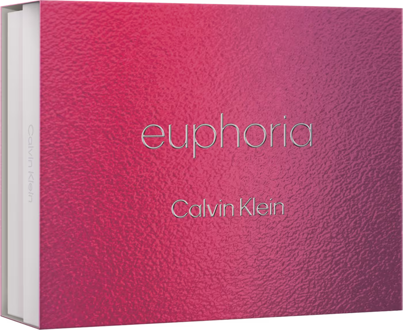 Caixa retangular. A embalagem é revestida em material texturizado de cor rosa intensa. O nome "euphoria" está escrito em letras prateadas na parte frontal, abaixo do logotipo "Calvin Klein" também em letras prateadas.