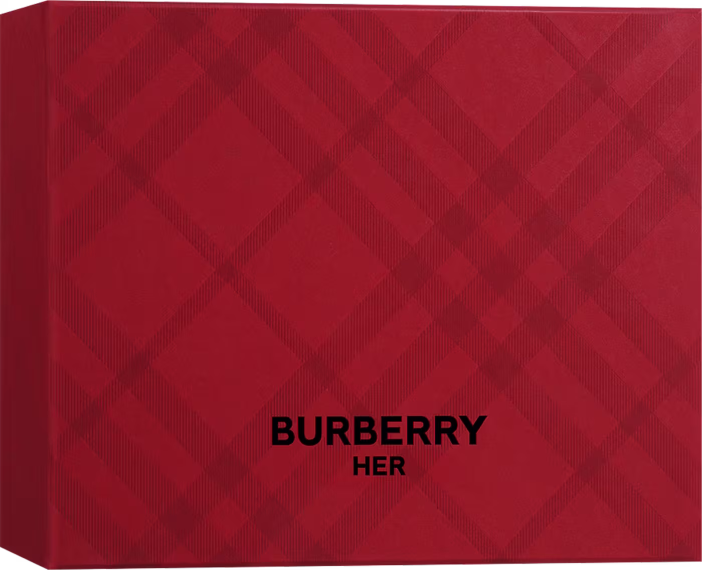 Caixa vermelha com padrão de losangos e o nome "Burberry Her" em letras pretas.