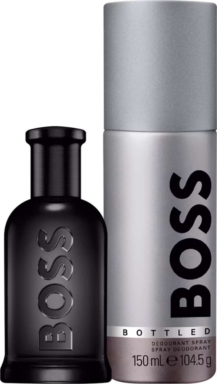 A imagem mostra um frasco de perfume todo preto e um desodorante todo prata.
