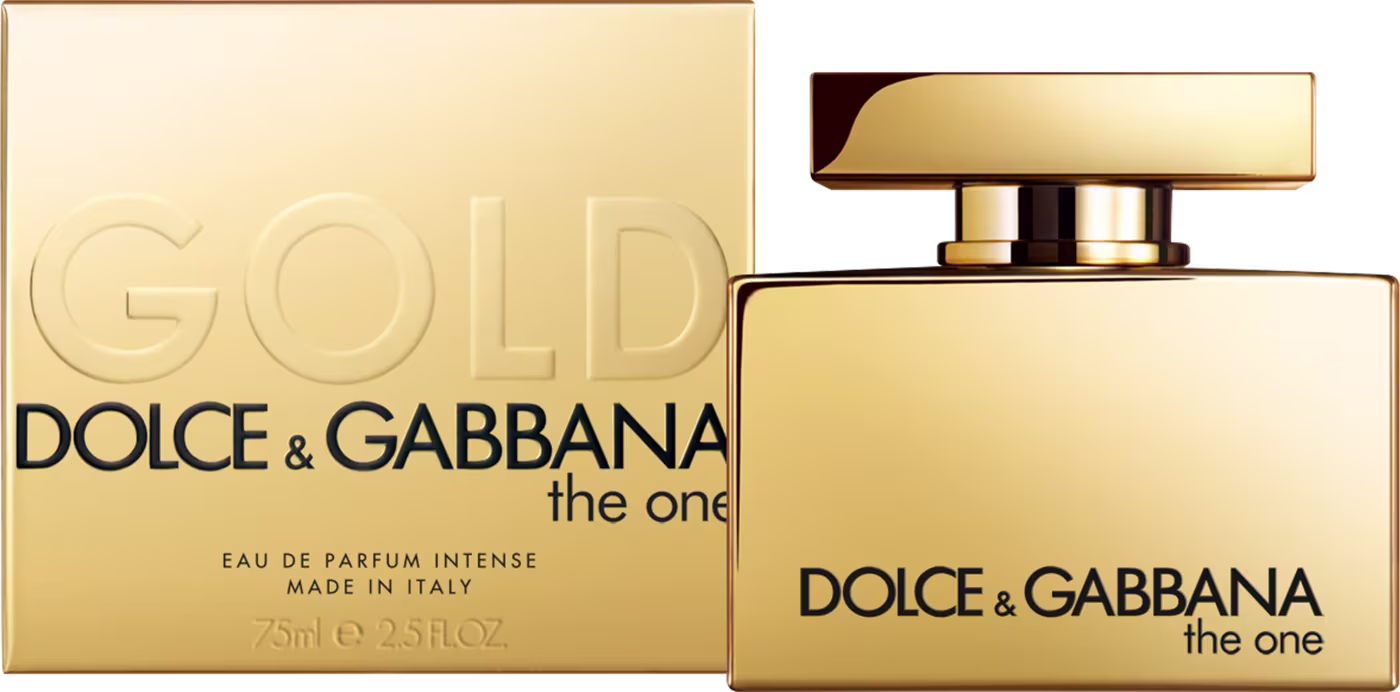 O produto apresentado na imagem é um frasco de perfume da marca Dolce & Gabbana, chamado "the one". O frasco possui um design elegante e minimalista, com uma forma retangular em tons dourados. Volumetria de 75ml.