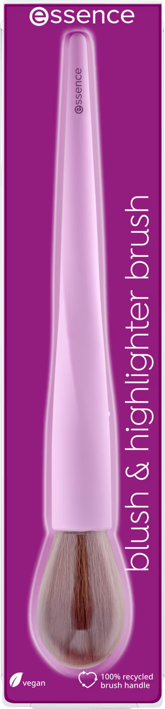 Rótulo com o nome do produto "brush & highlighter brush" e o logotipo da marca Essence. Símbolos indicando que é um produto vegano e que o cabo é 100% reciclado.