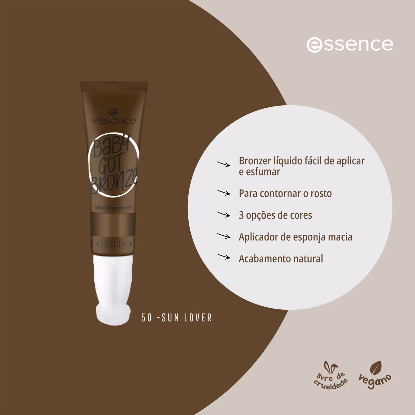 Destaca os benefícios do bronzer, como fácil aplicação, opções de tons, aplicador de esponja macia e acabamento natural.