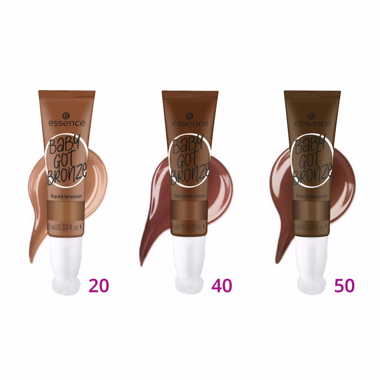 São três frascos de bronzer líquido da marca Essence, da linha "Baby Got Bronze". Cada um tem número impresso embaixo, 20, 40 e 50, indicando diferentes tons.