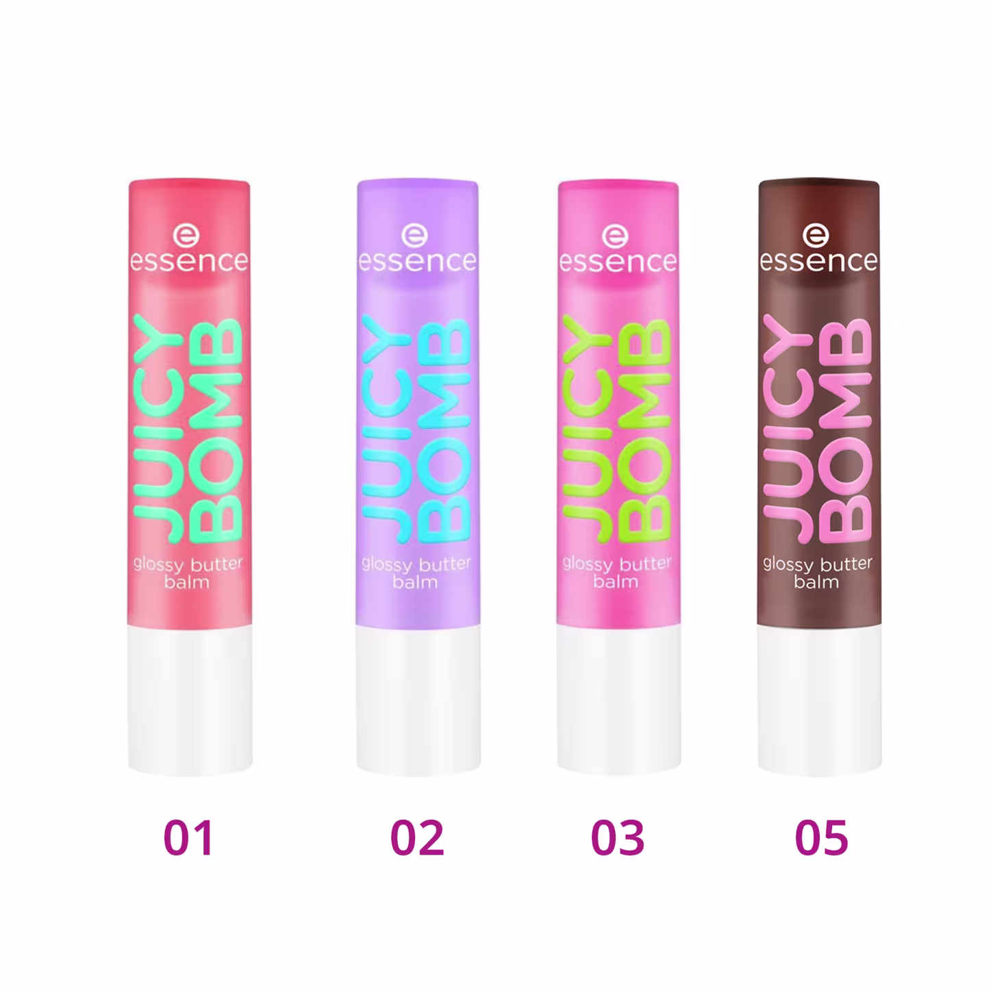 São quatro embalagens cilíndricas com tampas coloridas na parte superior, nas cores rosa 01, lilás 02, rosa chiclete 03 e marrom 05, respectivamente.