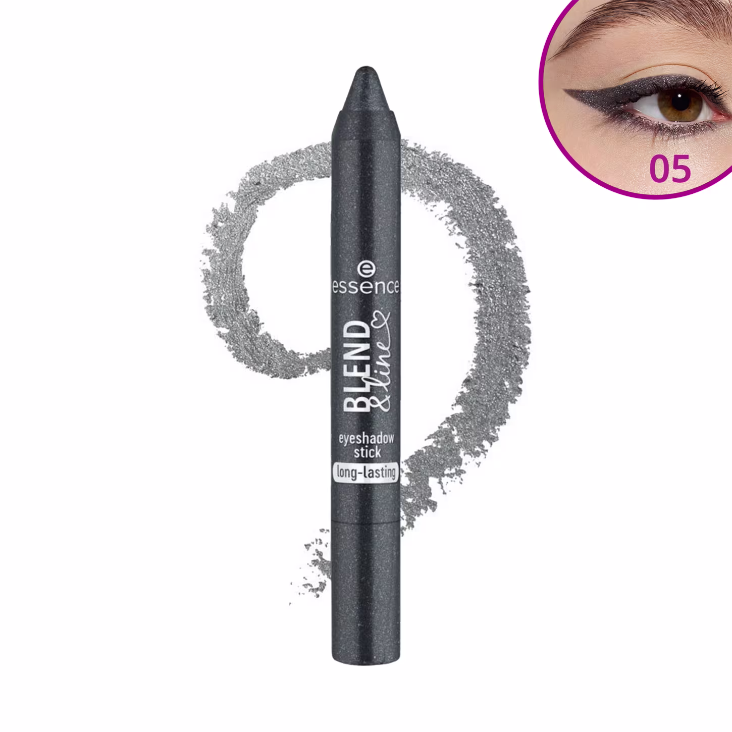 A sombra é apresentada em um círculo feito com o próprio produto esfarelado na cor cinza metálico. Na parte superior direita, um detalhe mostra uma maquiagem de olhos com sombra preta intensa e brilhante na cor 05.