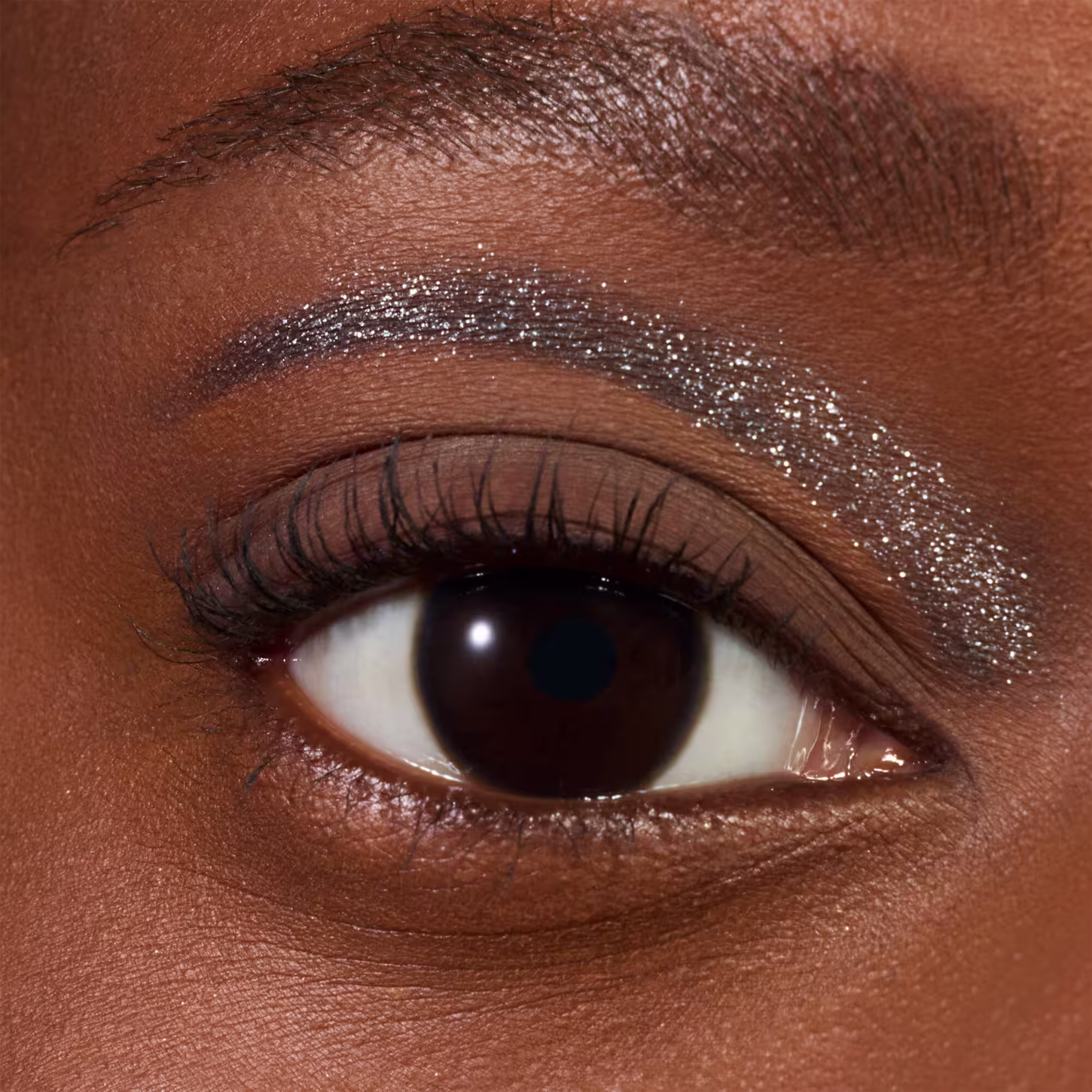 Esta é uma imagem de close-up de maquiagem para os olhos. Apresenta uma pálpebra superior com sombra marrom escura e detalhes brilhantes de glitter prateado. As sobrancelhas são escuras e bem delineadas.