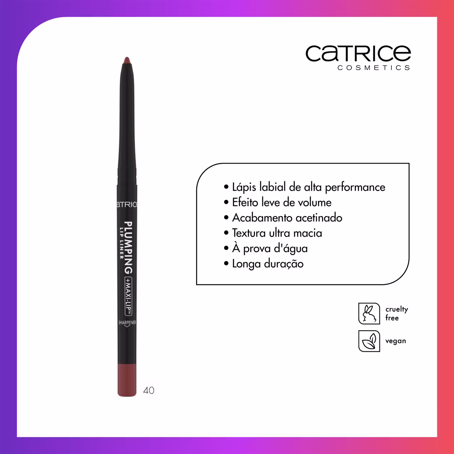 Lápis labial com texto descrevendo os benefícios.