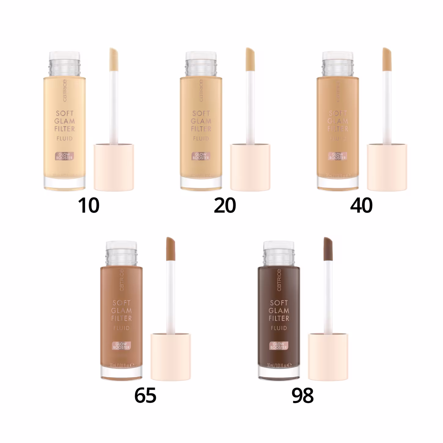 São mostrados cinco frascos da base, com as cores disponíveis. 10 tom muito claro, 20 tom claro, 40 tom médio, 65 tom médio a escuro, 98 tom escuro retinto.
