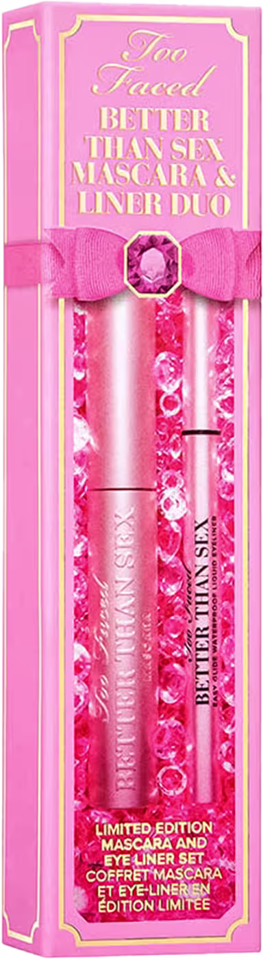 Caixa da embalagem do produto, na cor rosa e com detalhes brilhantes.