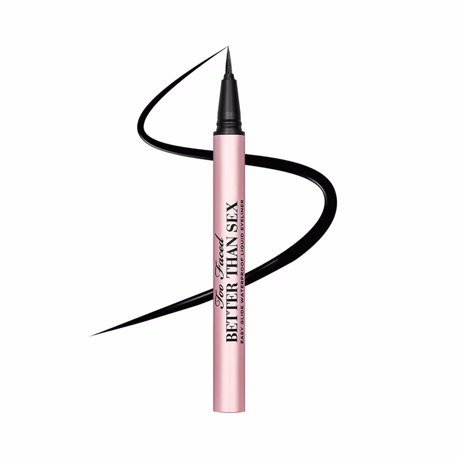 Imagem do delineador destampado e um traçado preto ao redor, mostrando a pigmentação do produto.