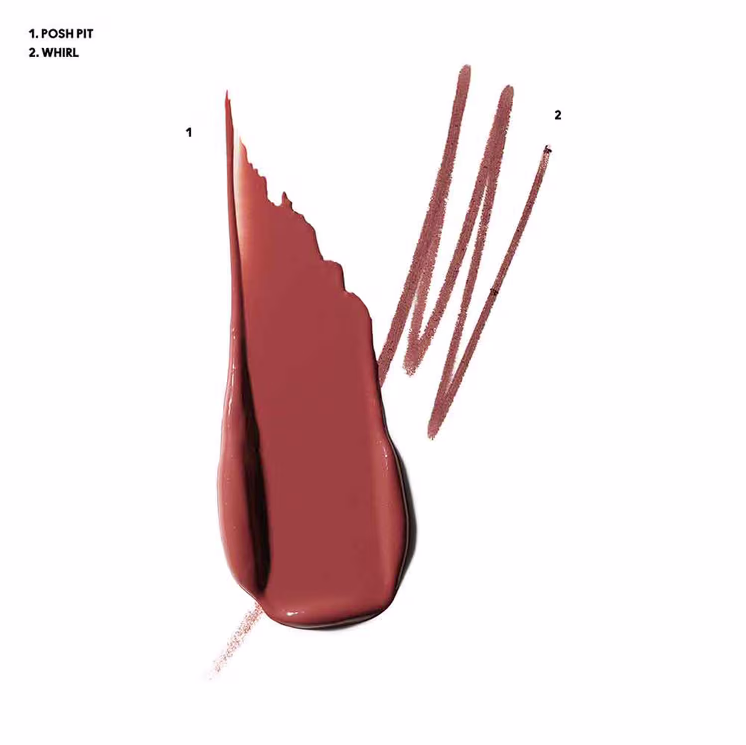 A imagem traz duas amostras, uma do batom, outra do lápis em tom marrom avermelhado.