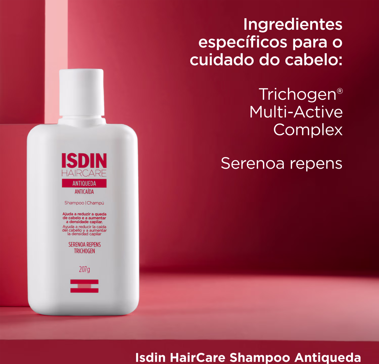 A imagem mostra o shampoo em um cenário vermelho e ao lado em destaque alguns ativos importantes da fórmula.