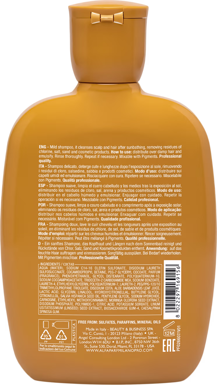 Verso da embalagem do Shampoo Alfaparf Milano Semi di Lino Sunshine After-Sun com informações gerais sobre o produto