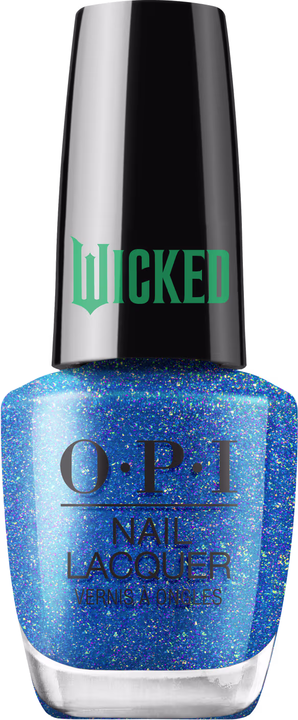 Produto de esmalte de unhas OPI da linha Wicked. Frasco de vidro transparente com tampa preta. O esmalte tem uma cor azul brilhante. O rótulo exibe o logotipo OPI em letras pretas, com o nome "Wicked" em verde na tampa.
