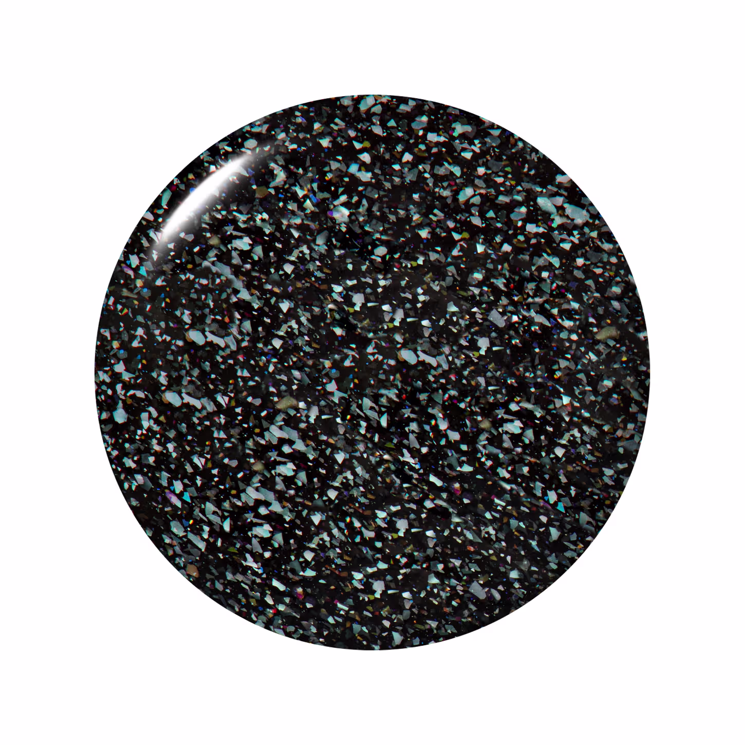 Amostra em formato circular, com uma textura brilhante e cremosa em tons de preto com glitter esverdeado.