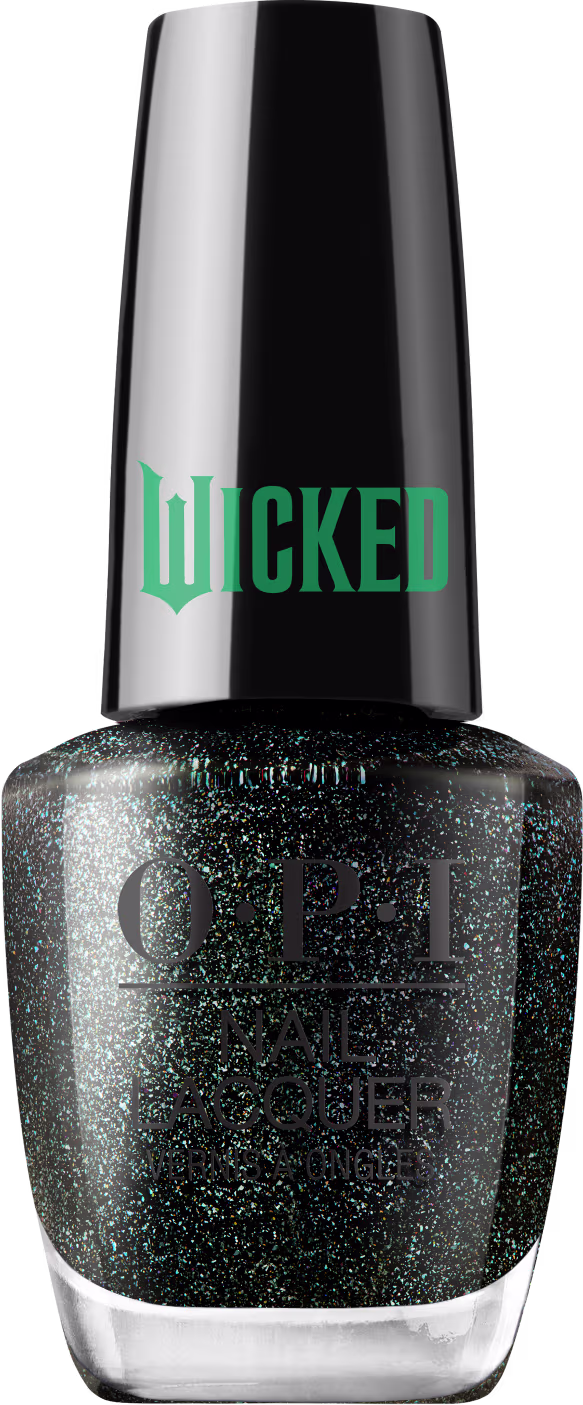 Produto de esmalte de unhas OPI da linha Wicked. Frasco de vidro transparente com tampa preta. O esmalte tem uma cor preta. O rótulo exibe o logotipo OPI em letras pretas, com o nome "Wicked" em verde na tampa.