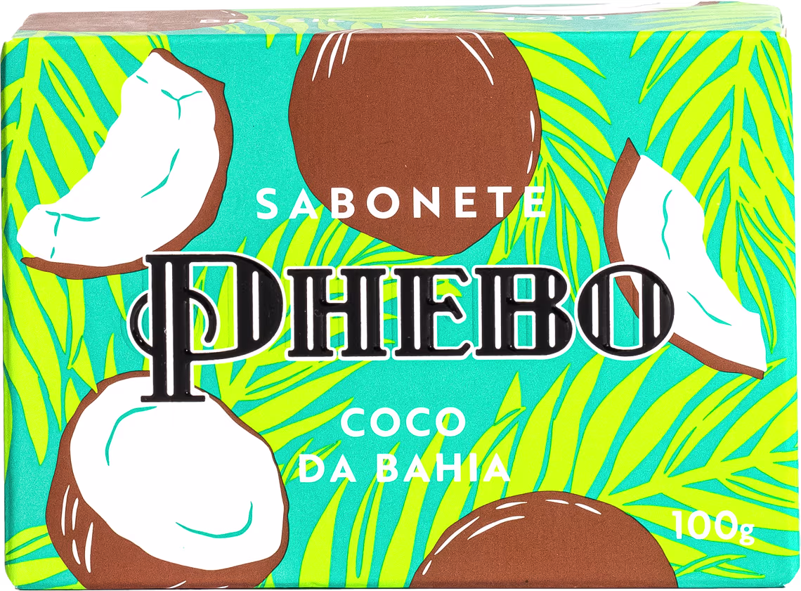 Sabonete em barra Phebo Coco da Bahia. Embalagem retangular com fundo turquesa e padrão de folhas de palmeira amarelo vibrante. Imagens de cocos brancos e marrons em destaque. Texto "Sabonete Phebo Coco da Bahia" em letras brancas e marrons. Peso de 100g