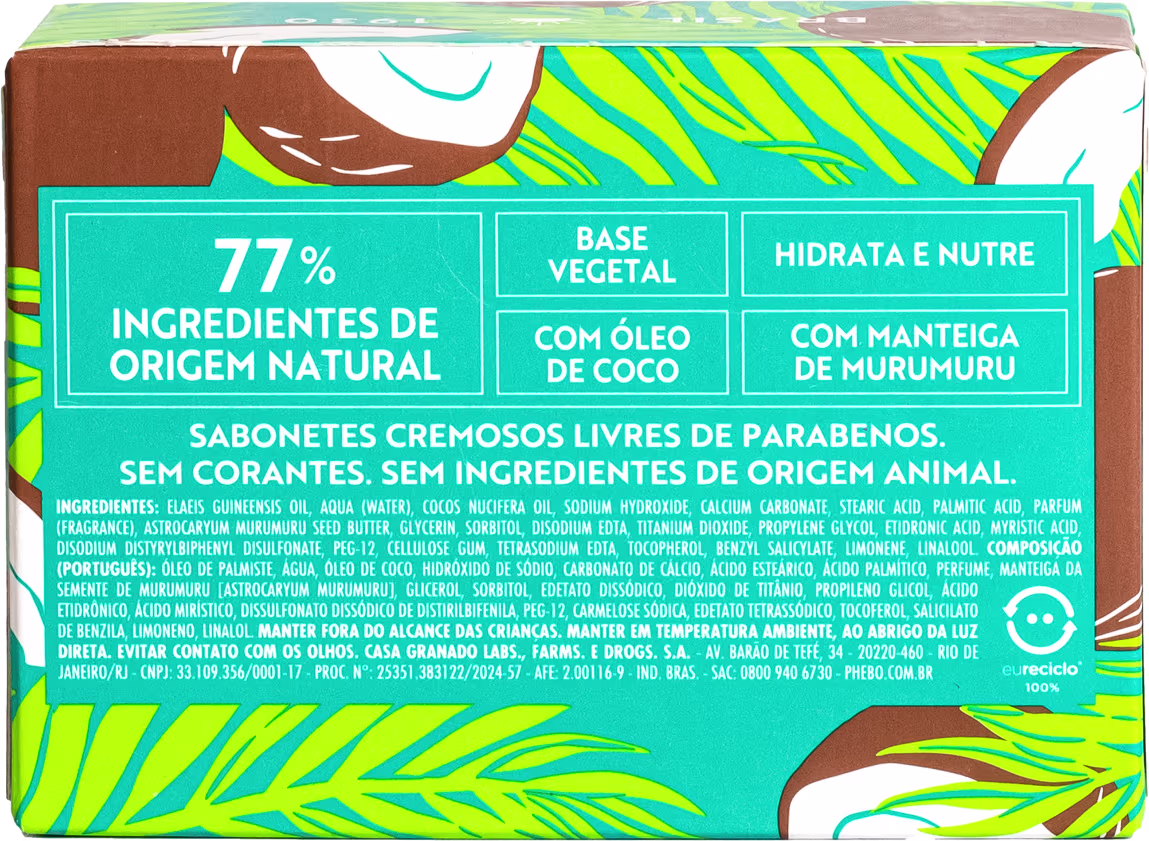 Caixa de sabonetes cremosos livres de parabenos, sem corantes e sem ingredientes de origem animal. Apresenta um design tropical com folhagens estilizadas. Destaca 77% de ingredientes de origem natural, base vegetal, óleo de coco e manteiga de murumuru.