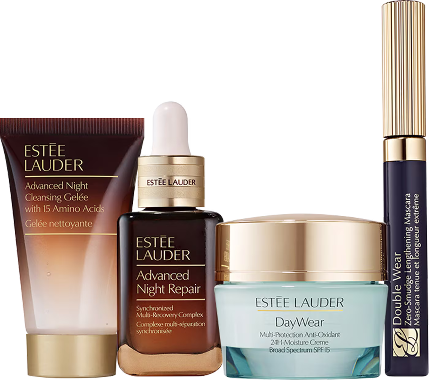 Uma variedade de produtos de cuidados com a pele da marca Estée Lauder. Um gel creme demaquilante, um sérum noturno, um creme de tratamento para pele diurno e uma máscara de cílios.
